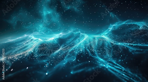 Light of flowing lines extending forward  dark background  deep starry sky  light turquoise blue. Generative AI.