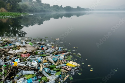 River polluted with discarded plastic bottles and trash photo