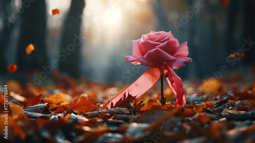 beautiful pink rose with a silk ribbon in the forest among the fallen yellow leaves, banner, copy space photo