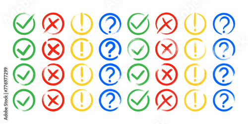 Dirty grunge cross x, tick OK, exclamation and question check marks in check boxes, hand drawn with brush strokes vector illustration isolated background. Exclamation, question mark, NO, YES symbols.