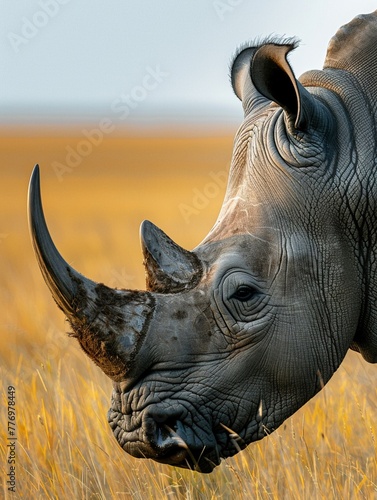 Close up of a rhinoceros, on a grassland background, accentuating the powerful charm of this threatened species