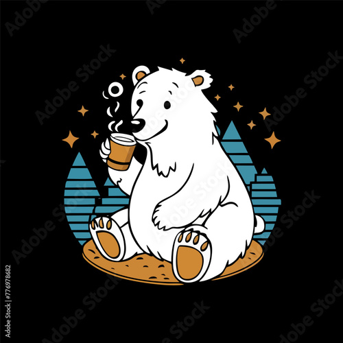 
A fun and whimsical T-shirt design featuring a cartoon polar bear drinking coffee. the illustration of polar bear enjoying drink coffee in beautiful moment