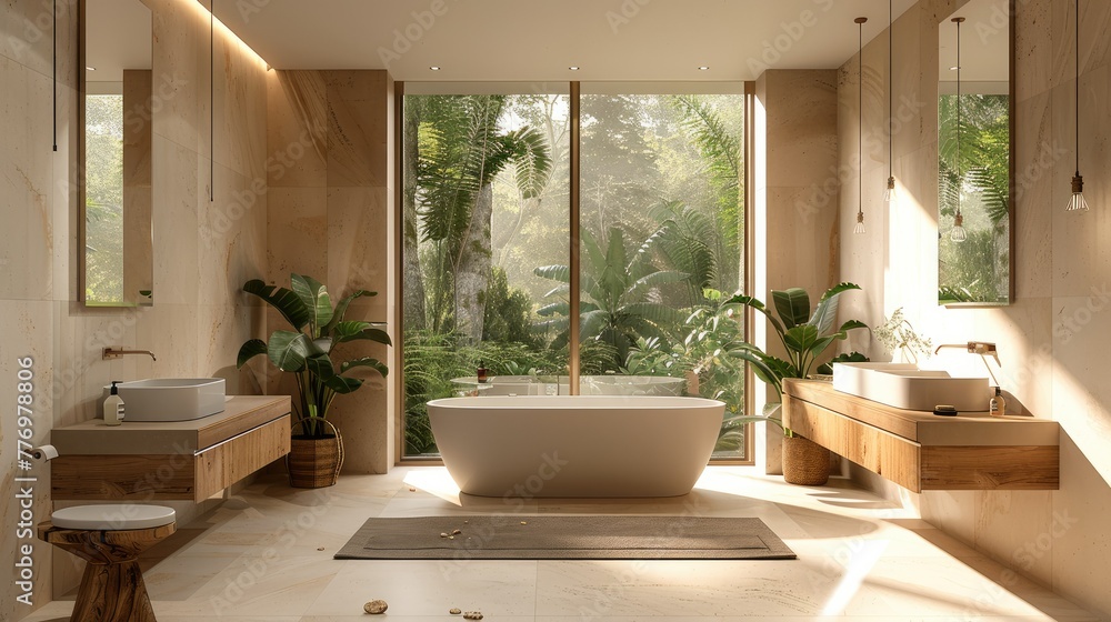 Fototapeta premium Modern bathroom interior with a beige Bathtub, washstand and Toilet in neutral tones, minimalist design concept with large windows and wooden accents. Generative AI.