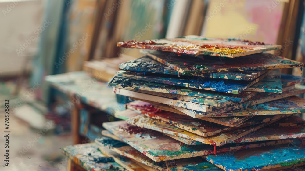 An artistic array of paint-smeared palettes stacked untidily, evoking the creative chaos of the artist's studio