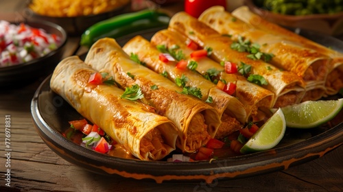 Golden-Brown Enchiladas Garnished With Fresh Tomato, Onion, Cilantro, And Lime Wedges, Traditional Mexican Cuisine, Rich And Vibrant Colors, AI Generated