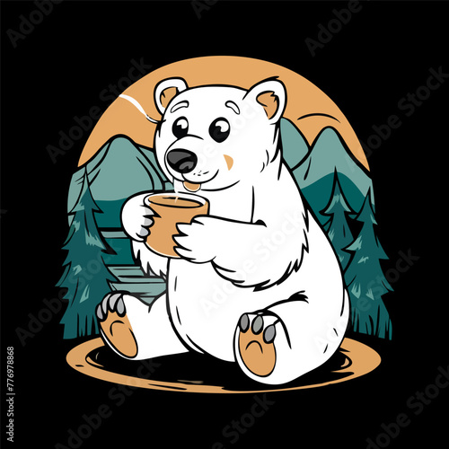 
A fun and whimsical T-shirt design featuring a cartoon polar bear drinking coffee. the illustration of polar bear enjoying drink coffee in beautiful moment