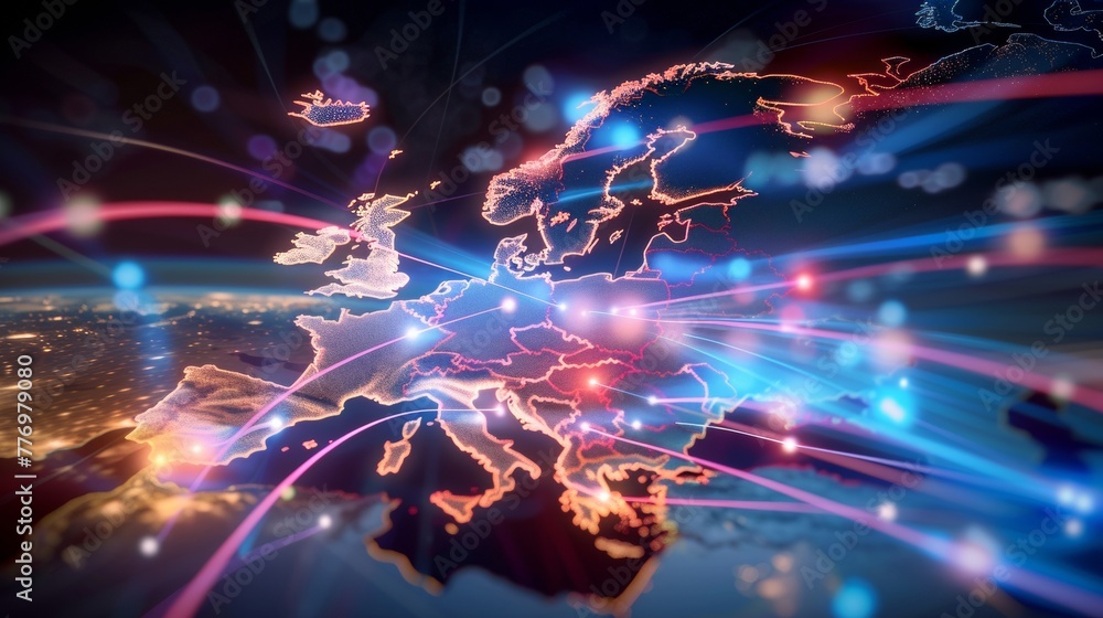 a digital map of Europe, highlighted with glowing outlines and vibrant lines, suggesting a networked, interconnected data flow. a digital map of Europe, highlighted with glowing outlines and vibrant lines, suggesting a networked, interconnected data flow.