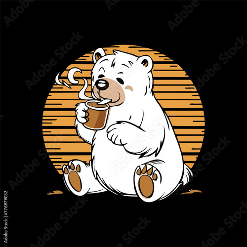 
A fun and whimsical T-shirt design featuring a cartoon polar bear drinking coffee. the illustration of polar bear enjoying drink coffee in beautiful moment