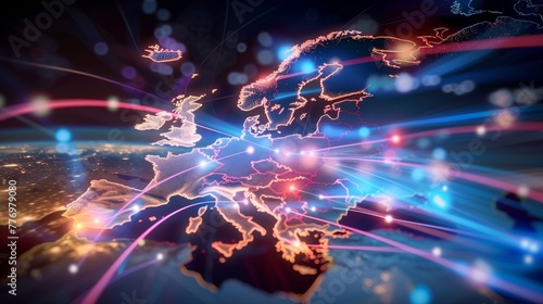 a digital map of Europe, highlighted with glowing outlines and vibrant lines, suggesting a networked, interconnected data flow.