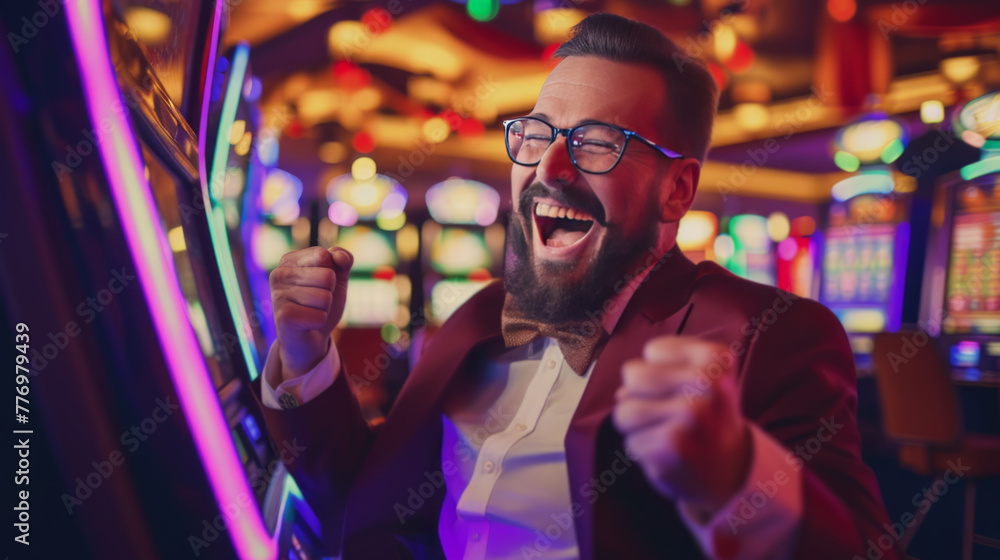 Obraz premium Joyful Man Celebrating Win at Casino Slot Machines