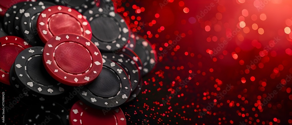 3D render of casino chips with poker symbols in black and red. Concept Casino Chips, Poker Symbols, 3D Render, Black and Red - obrazy, fototapety, plakaty 