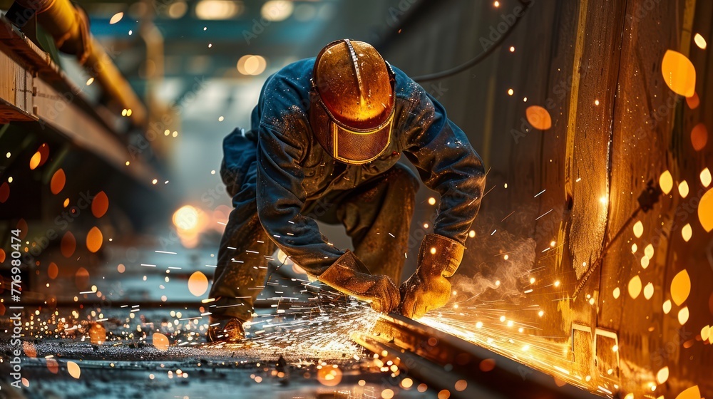 A Skilled Worker Performs Metal Cutting on a Steel Tank Bottom, Sparks Flying, in a Close-Up A Skilled Worker Performs Metal Cutting on a Steel Tank Bottom, Sparks Flying, in a Close-Up