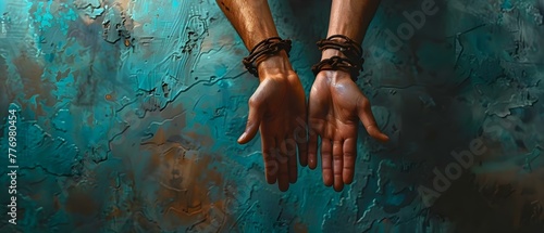 Photo of a persons hands in shackles symbolizing the global issue of human trafficking and forced labor. Concept Social Issues, Human Rights, Global Awareness, Forced Labor, Human Trafficking