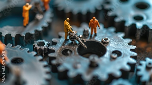 The miniature varies group of employed people that standing still on the uncompleted cogwheels trying to work together to find the solution for varies problems that they talking to each other. AIGX03.