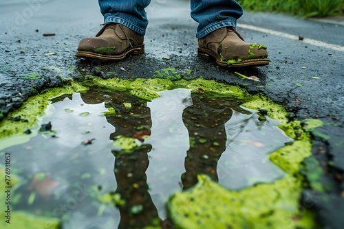 Reflection of boots in green puddle photo