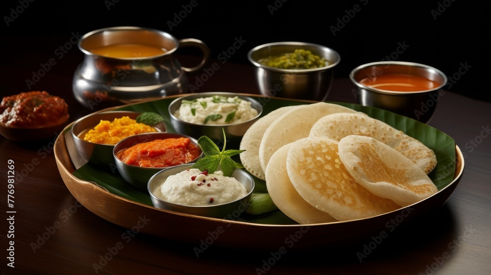 An idli, dosa, and coconut chutney breakfast in a South Indian style still life