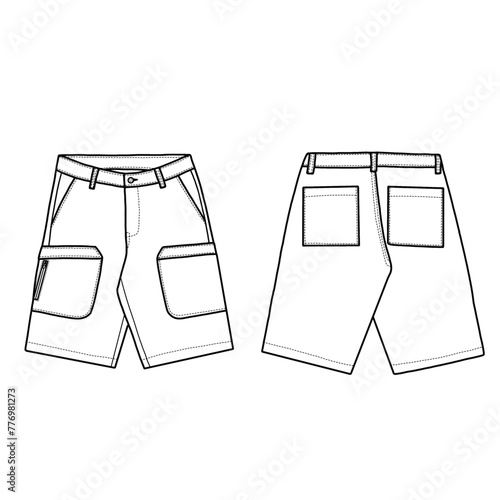 Technical sketch of cargo pants for kids, pockets on the sides, and back template line art. Front and back flat design vector.