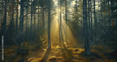 Mysterious forest, trunks of fir trees and pine trees, a ray of sunlight breaks through the tree trunks. Generative AI.