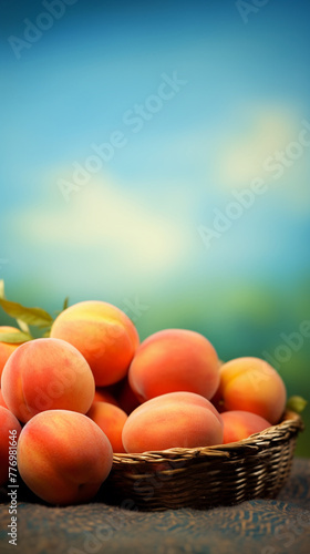 Whole peaches in basket  advertise summer fruit  natural light  wide angle realistic  isolated  fantasy  cute