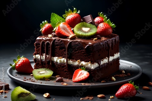 chocolate cake with strawberries, cottage cheese, fruits