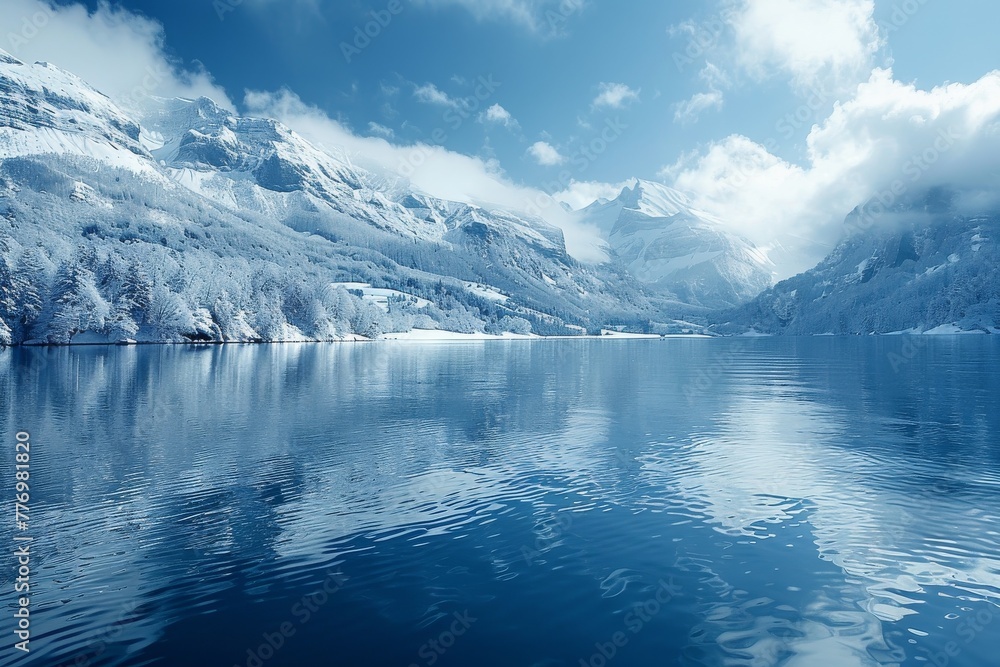 Snowy mountains with a grand cove in front, artistically composed to highlight the contrast between rugged peaks and calm waters.