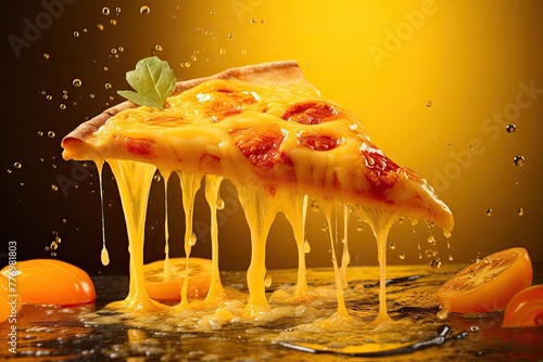 A slice of pizza with melted cheese oozing out of it. The cheese is golden brown and the slice looks very appetizing.