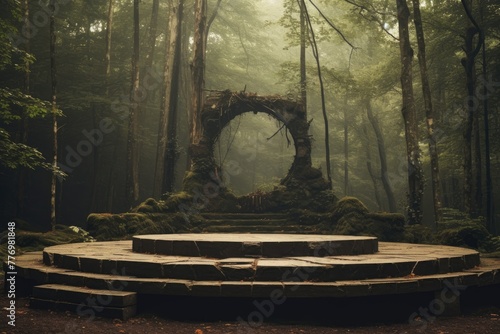 An ancient stone circle located in a dense forest. In the center of the circle is a small stone altar.