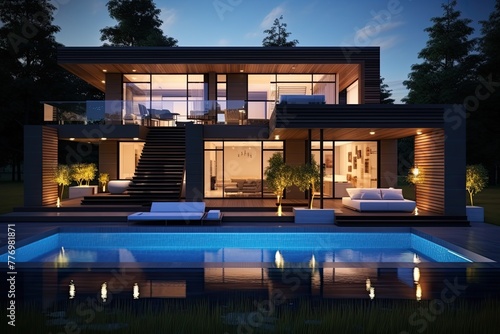 modern house with a swimming pool in front of it at night. The house is very large and has many windows.