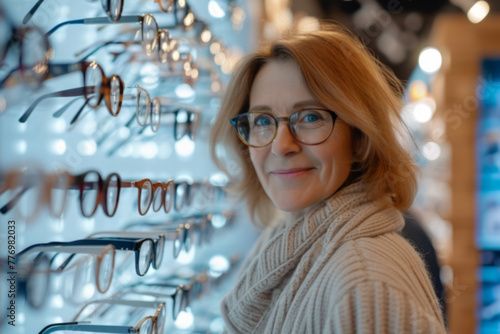 Smiling Senior Woman Selecting Eyeglasses at Optical Store
