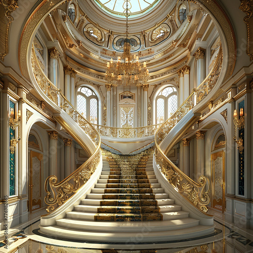 : A grand staircase in a majestic palace, adorned with intricate mosaics and golden embellishments, whispering tales of royalty and splendor.