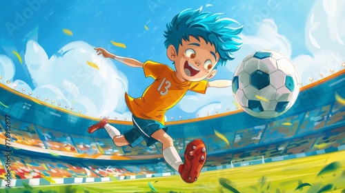 A Boy playing football in soccer stadium, Kid soccer player. Children book illustration photo