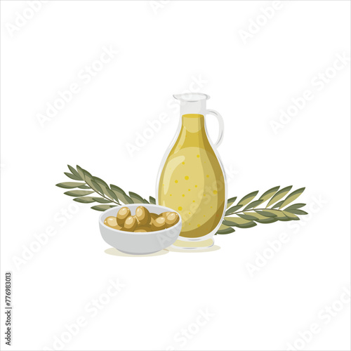 Olive oil and olives,bottle of oil,bottle of oil with olive,vector illustration