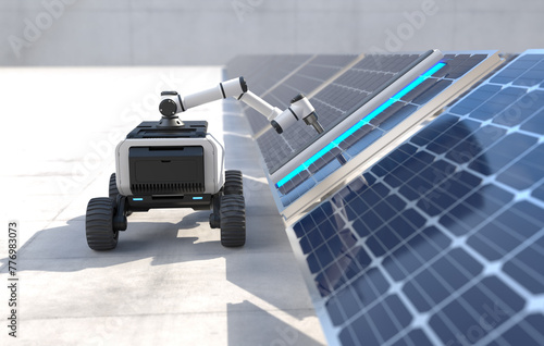 Robot clean solar panels, Automatic robot cleaning solar cell. 3D illustration