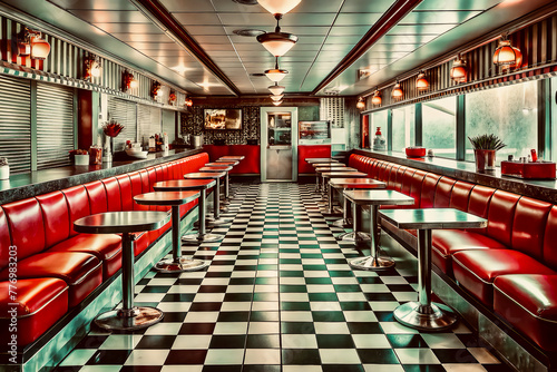 Classic American diner interior with red seats and checkered floor
