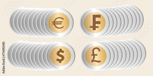Four different coins like euro, dollar, pound, swiss franc