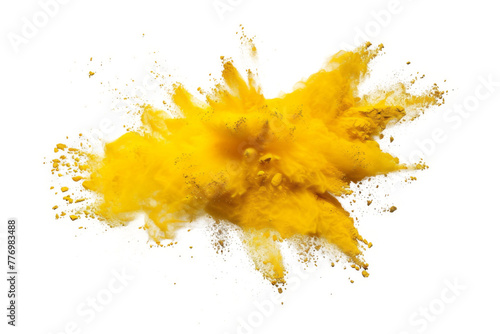 Yellow color powder explosion splash with freeze isolated on background, abstract splatter of colored dust powder. photo