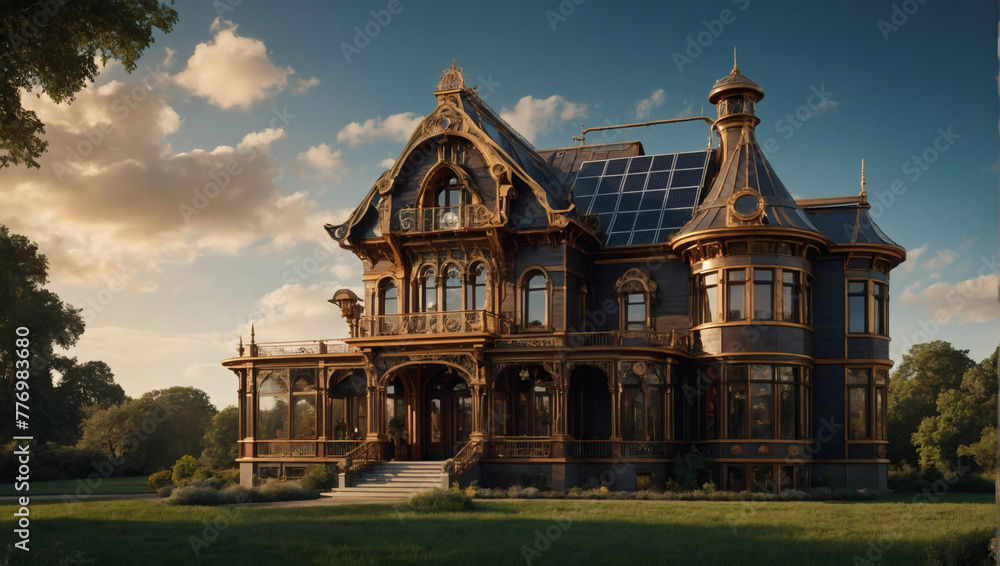 Steampunk-inspired Victorian mansion adorned with ornate solar panels, a fusion of historical elegance and cutting-edge sustainability.