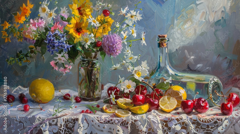 Fototapeta premium Still Life with Wildflowers and Fruit Oil Painting