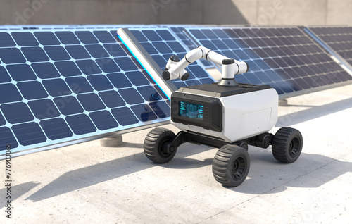 Robot clean solar panels, Automatic robot cleaning solar cell. 3D illustration