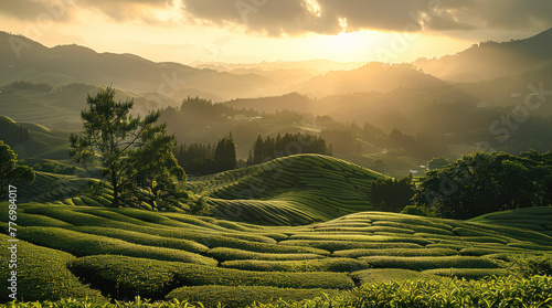 In the tranquil tea garden, the early spring sun casts a warm glow over the rolling hills. Generative AI.