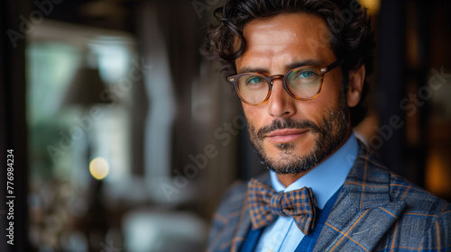 Portrait of a stylish man with glasses wearing a checkered suit and bow tie, looking thoughtfully out of a window in a well-lit room.