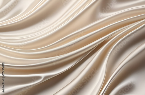 Beige silk textile background. Smooth silky satin texture. Waves, folds, soft, smooth. Background for banners, advertisements, fabric store.