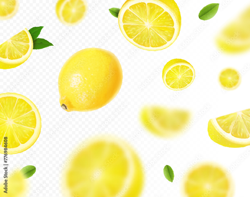 Lemon falling background. Citrus fruit with green leaf on transparent background. Lemon blurred flying. Realistic 3d vector illustration .