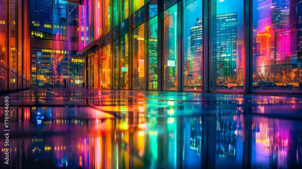 A shiny office building reflecting the colorful lights of the bustling nightlife in the city capturing the energy and vibrancy of the urban scene.