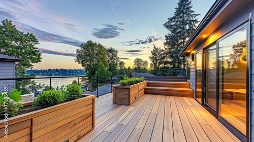 A Chic Master Deck Enhanced with a Cedar Bench and Planter Boxes, Perfect for Soaking in the Lakeside Ambiance photo