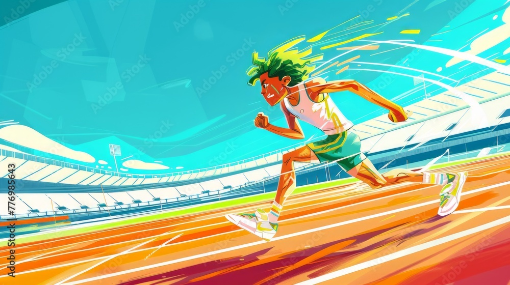 A boy with green hair run on running track. Kid training for competition, Kid runner player. Children book illustration