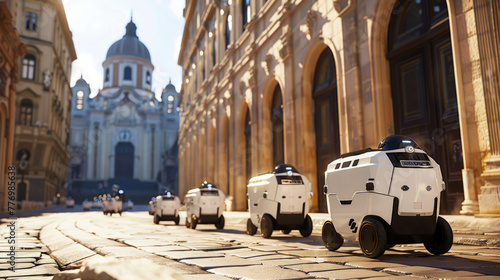A fleet of small, white robotic vehicles navigates a historic cobblestone street lined with classical architecture photo