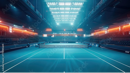 Indoor tennis court inside a large open stadium. Generative AI.