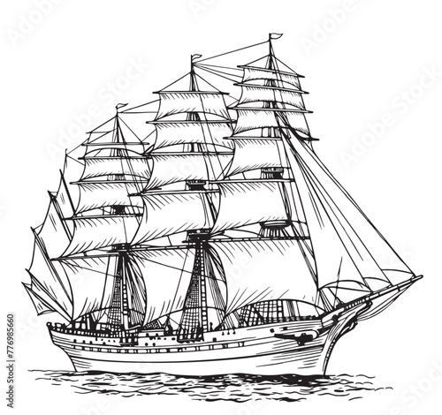 Pirate ship sailboat retro sketch hand drawn engraving style Vector illustration © BigJoy