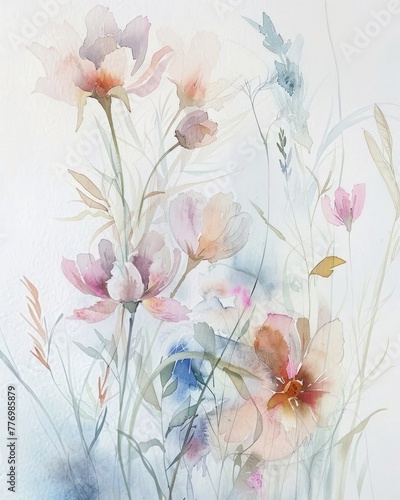 watercolor floral romantic  background style  bouquet group of spring flowers  delicate palette and shapes  pale pink tones